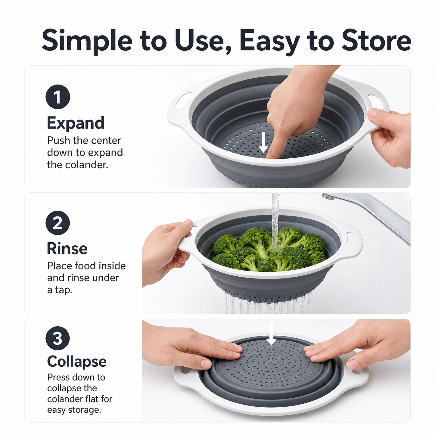 Collapsible Silicone Colander – Foldable Kitchen Strainer with Handles