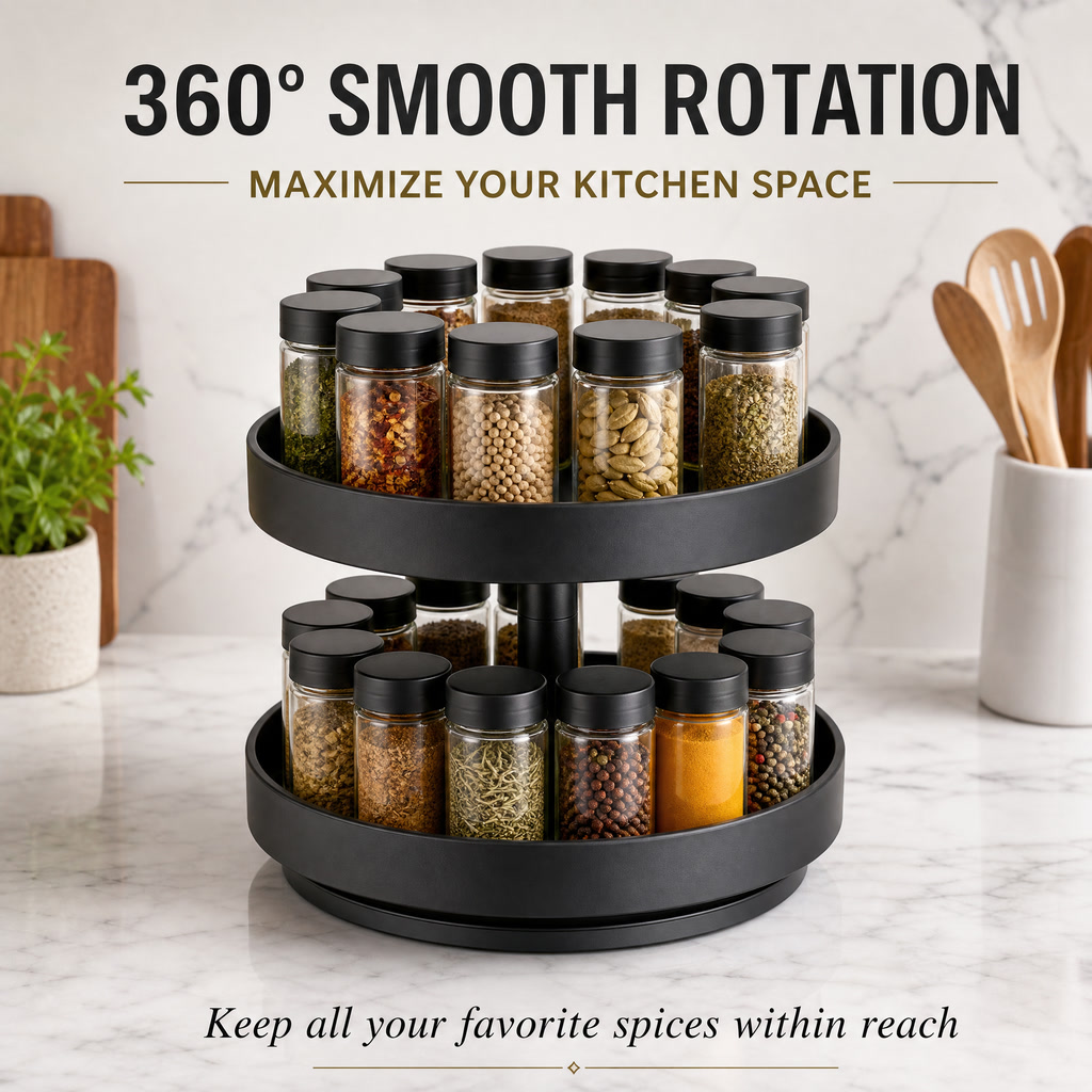 Rotating Spice Rack Organizer – 2 Tier Kitchen Storage Rack