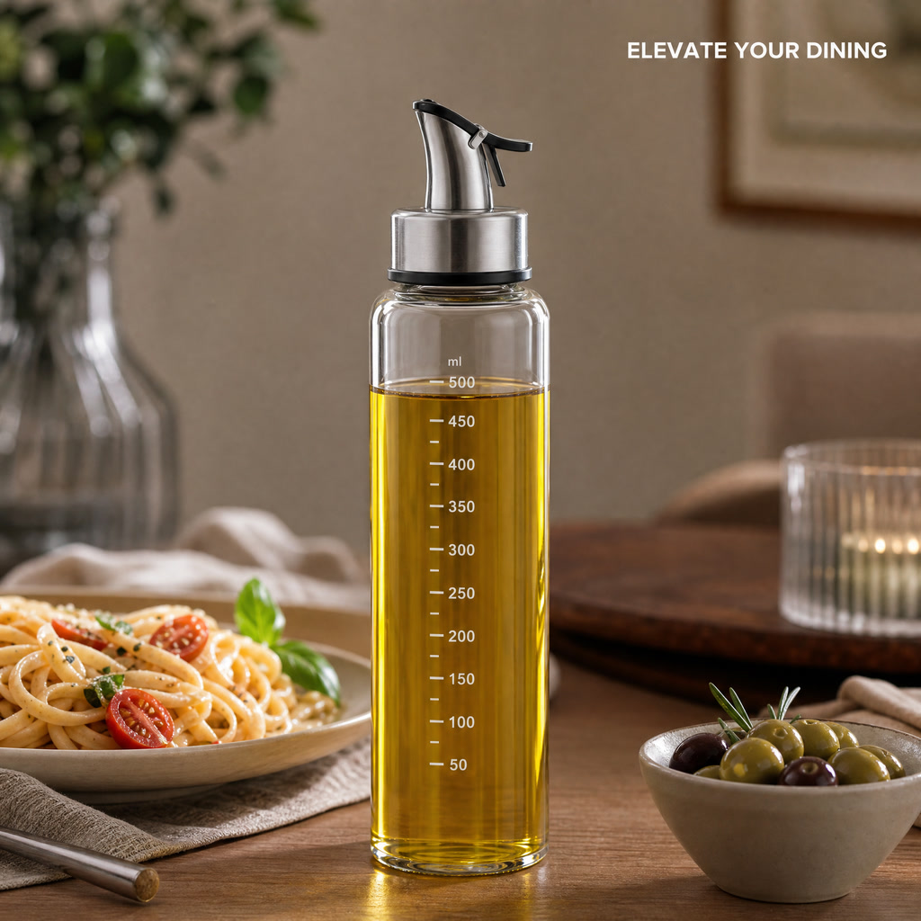 Glass Oil Dispenser Bottle – 500ml Stainless Steel Spout Kitchen Oil Pourer