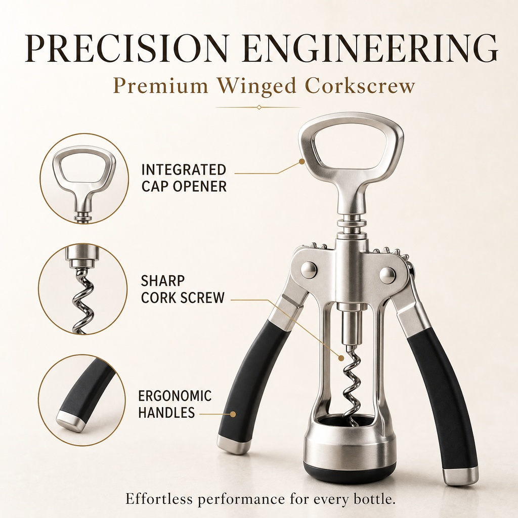 Smooth-Action Winged Corkscrew – Multi-Function Stainless Steel Wine & Bottle Opener with Non-Slip Ergonomic Handles