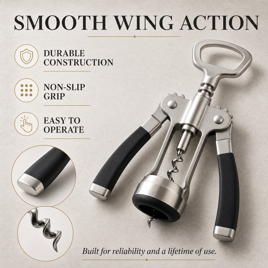 Smooth-Action Winged Corkscrew – Multi-Function Stainless Steel Wine & Bottle Opener with Non-Slip Ergonomic Handles