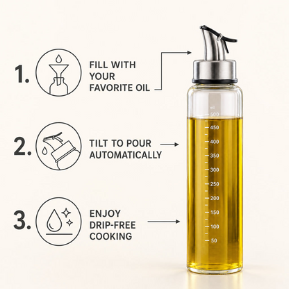 Glass Oil Dispenser Bottle – 500ml Stainless Steel Spout Kitchen Oil Pourer
