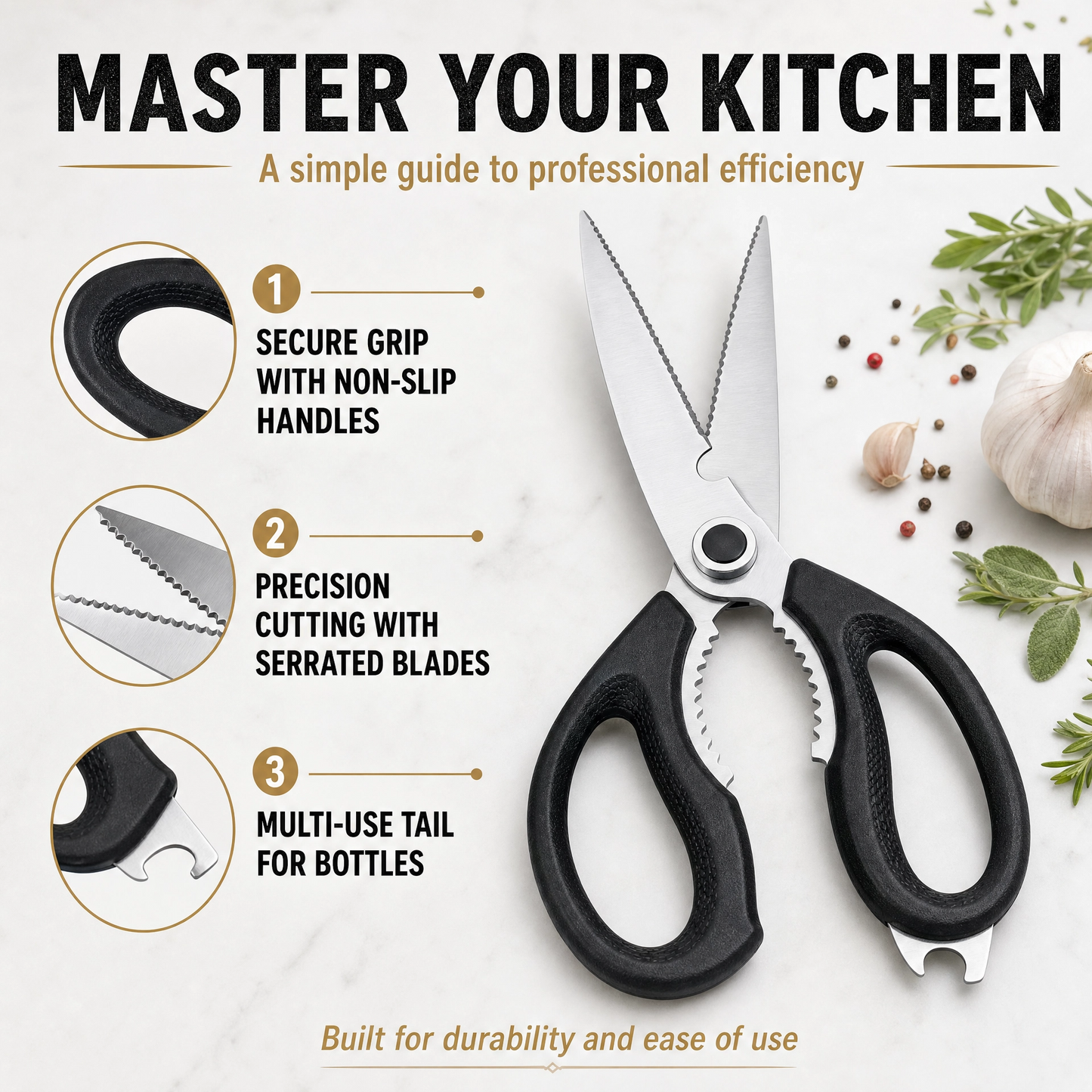 Multi-Function Kitchen Scissors – Heavy-Duty Food Shears with Nut Cracker & Bottle Opener