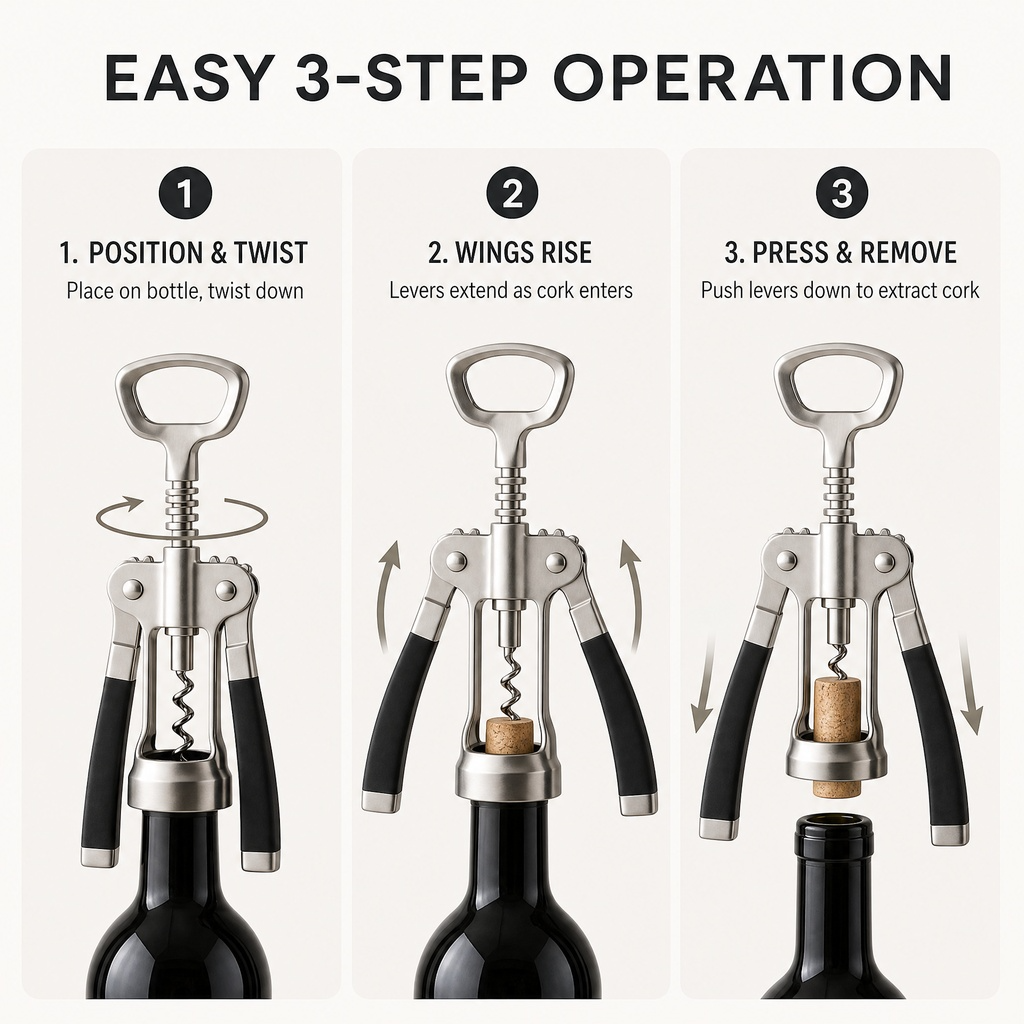 Smooth-Action Winged Corkscrew – Multi-Function Stainless Steel Wine & Bottle Opener with Non-Slip Ergonomic Handles
