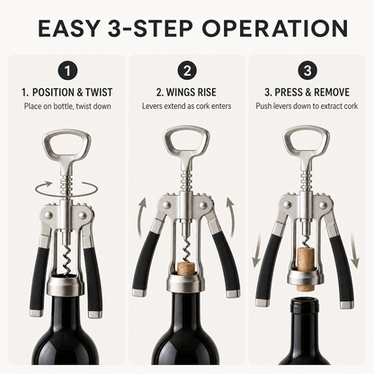 Smooth-Action Winged Corkscrew – Multi-Function Stainless Steel Wine & Bottle Opener with Non-Slip Ergonomic Handles