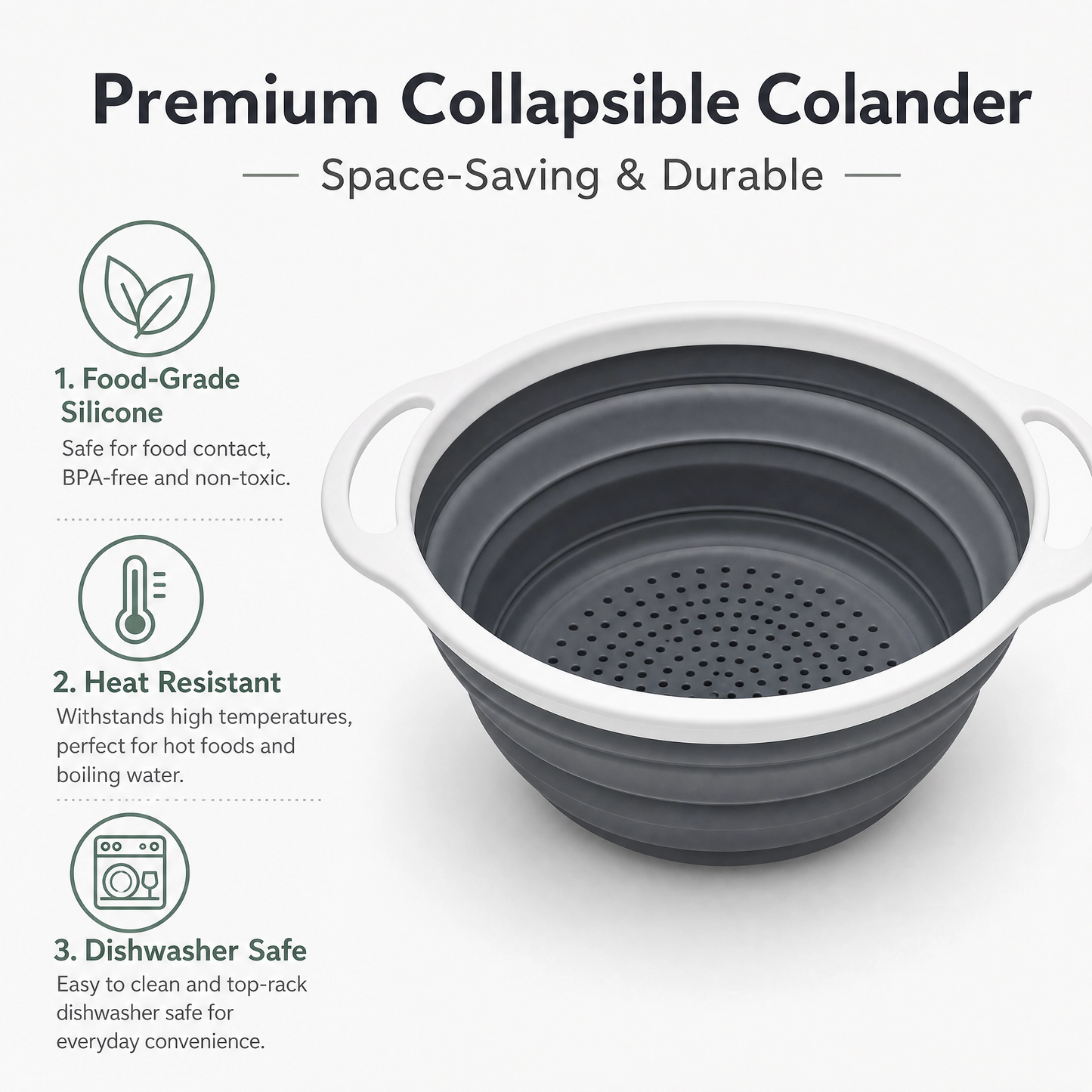 Collapsible Silicone Colander – Foldable Kitchen Strainer with Handles