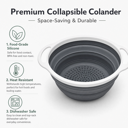 Collapsible Silicone Colander – Foldable Kitchen Strainer with Handles