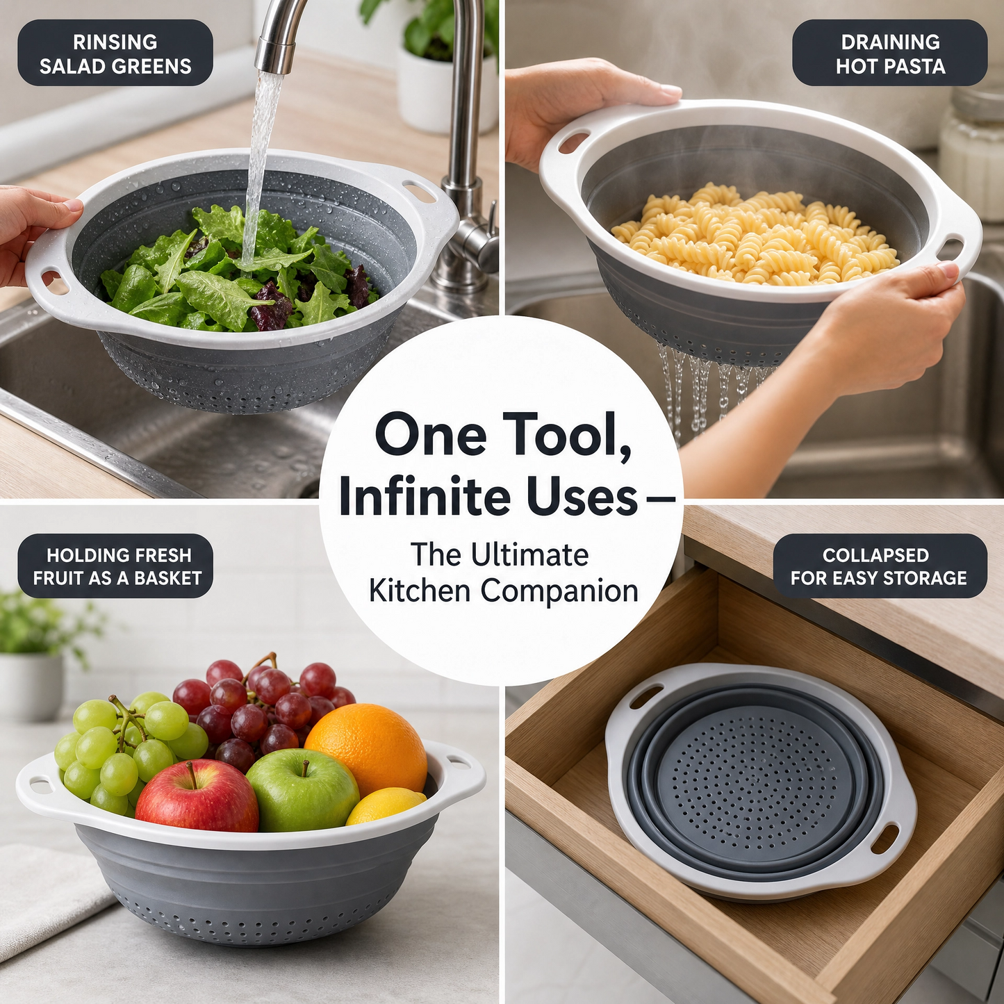 Collapsible Silicone Colander – Foldable Kitchen Strainer with Handles