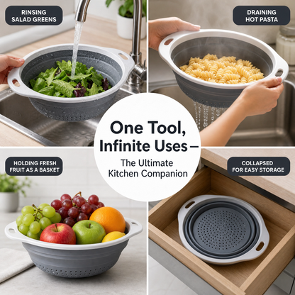 Collapsible Silicone Colander – Foldable Kitchen Strainer with Handles