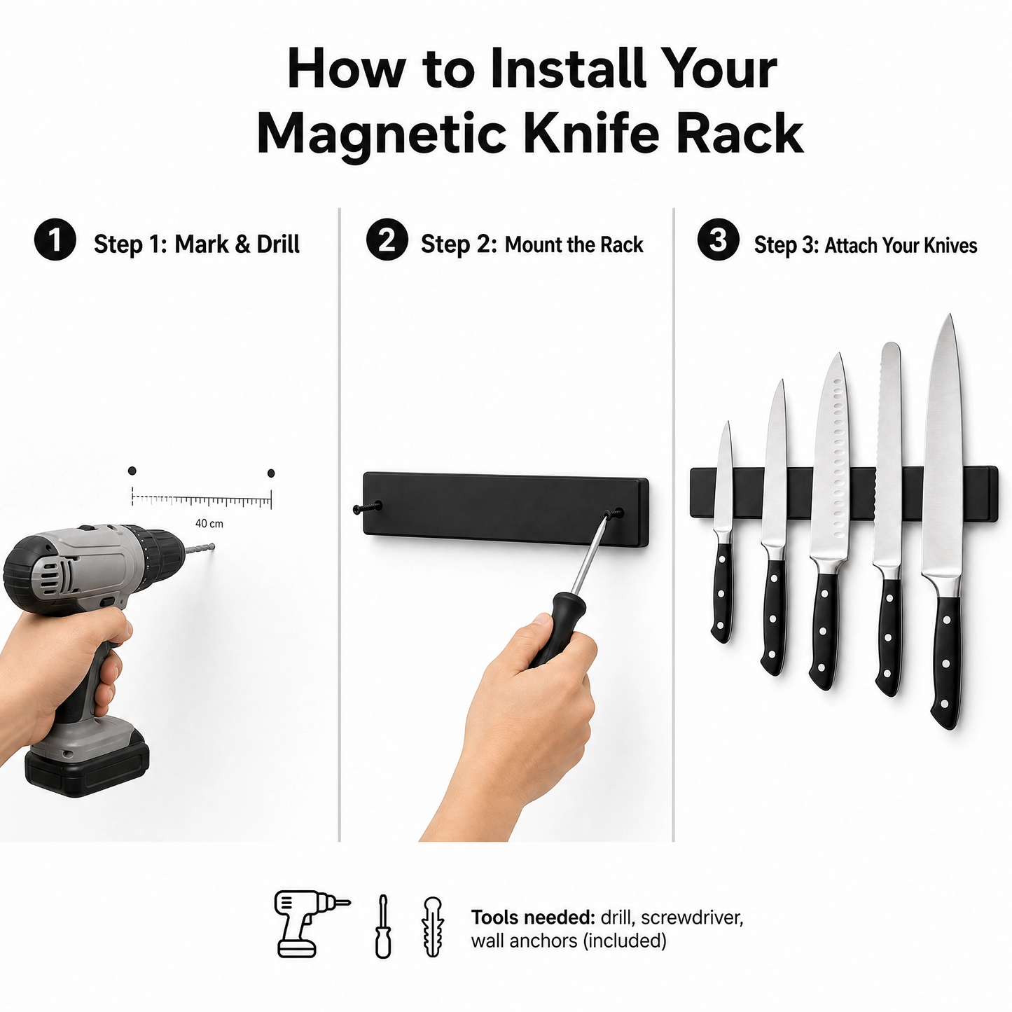Magnetic Knife Rack Wall Mount – Matte Black Kitchen Knife Holder