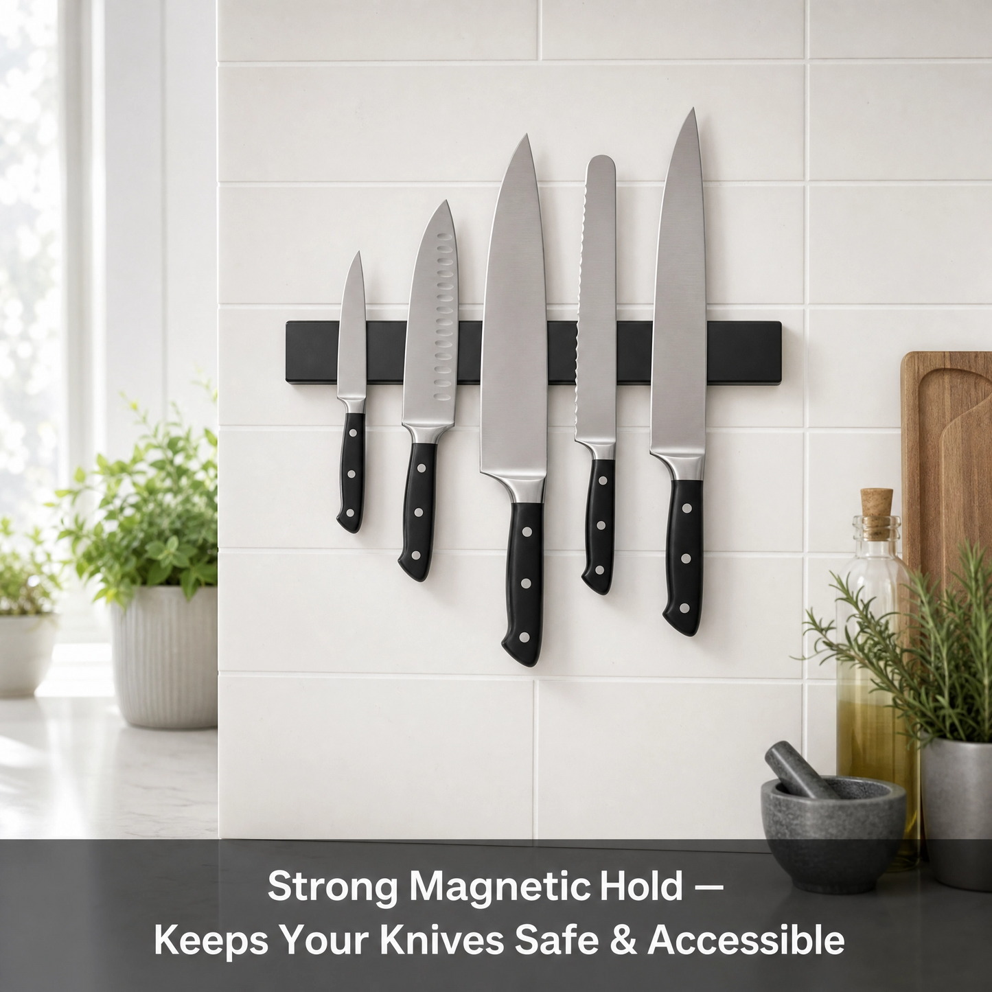 Magnetic Knife Rack Wall Mount – Matte Black Kitchen Knife Holder