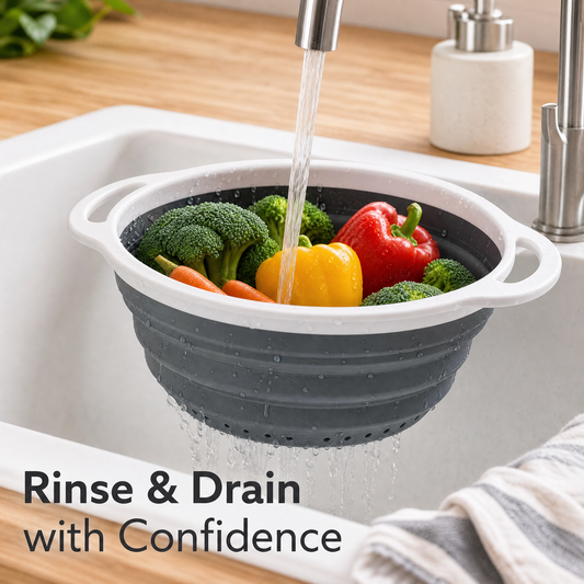 Collapsible Silicone Colander – Foldable Kitchen Strainer with Handles